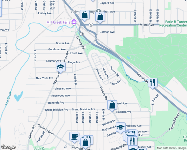 map of restaurants, bars, coffee shops, grocery stores, and more near 9110 Macomb Avenue in Cleveland