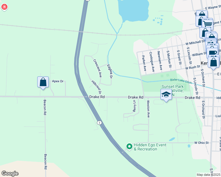 map of restaurants, bars, coffee shops, grocery stores, and more near 1001 Greenview Drive in Kendallville