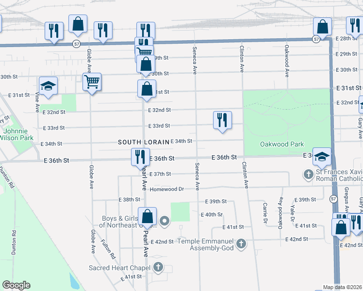 map of restaurants, bars, coffee shops, grocery stores, and more near 1883 East 34th Street in Lorain