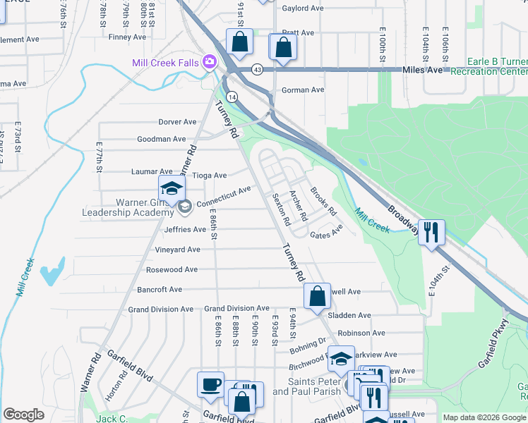 map of restaurants, bars, coffee shops, grocery stores, and more near 9009 Macomb Avenue in Cleveland
