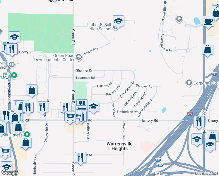 map of restaurants, bars, coffee shops, grocery stores, and more near 4453 Hillcroft Drive in Warrensville Heights