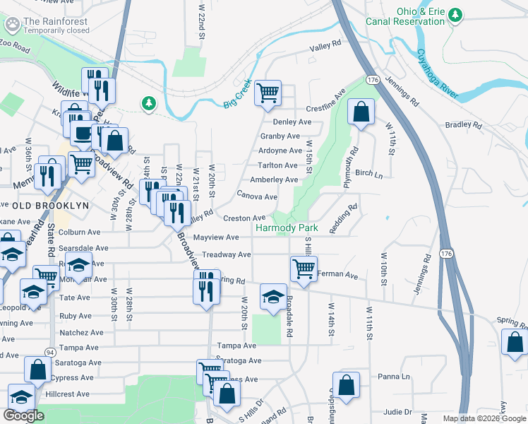 map of restaurants, bars, coffee shops, grocery stores, and more near 1718 Creston Avenue in Cleveland