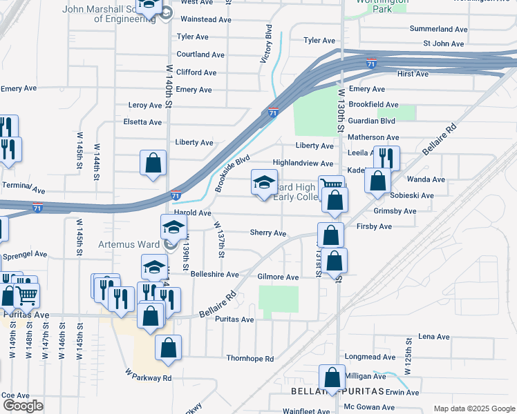 map of restaurants, bars, coffee shops, grocery stores, and more near 13501 Terminal Avenue in Cleveland