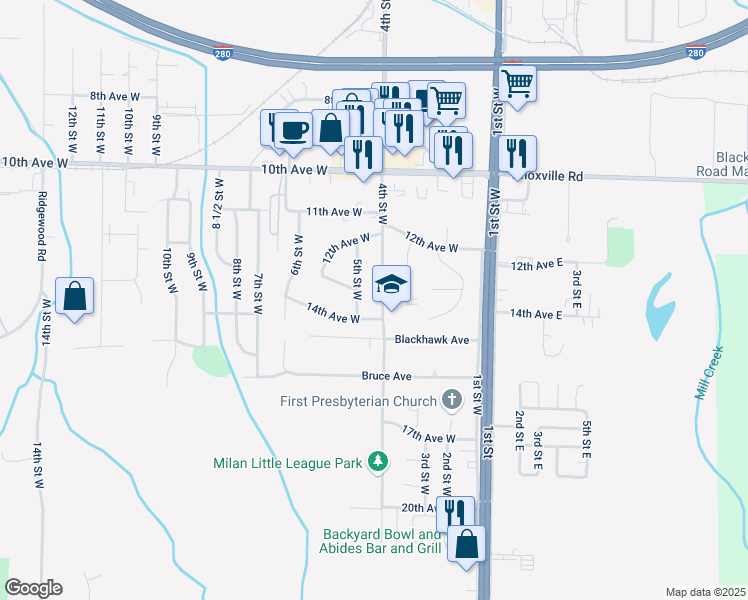 map of restaurants, bars, coffee shops, grocery stores, and more near 1303 5th St W in Milan