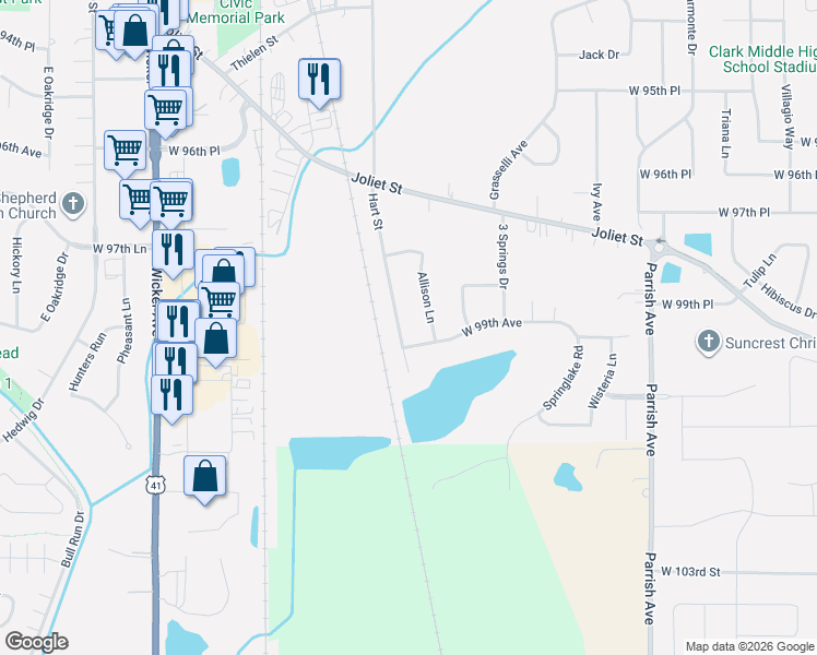 map of restaurants, bars, coffee shops, grocery stores, and more near 9867 Hart Street in St. John