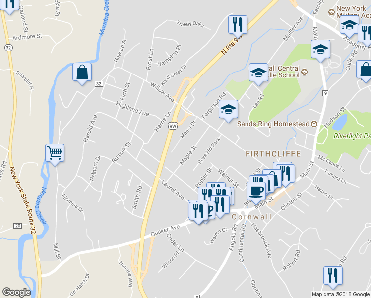 map of restaurants, bars, coffee shops, grocery stores, and more near 34 Maple Street in Cornwall