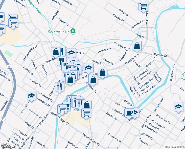 map of restaurants, bars, coffee shops, grocery stores, and more near 2043 North Main Avenue in Scranton
