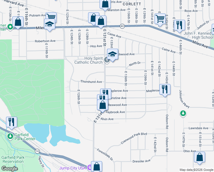 map of restaurants, bars, coffee shops, grocery stores, and more near 4432 East 131st Street in Garfield Heights