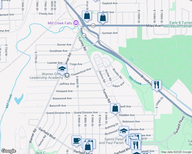 map of restaurants, bars, coffee shops, grocery stores, and more near 9009 Macomb Avenue in Cleveland