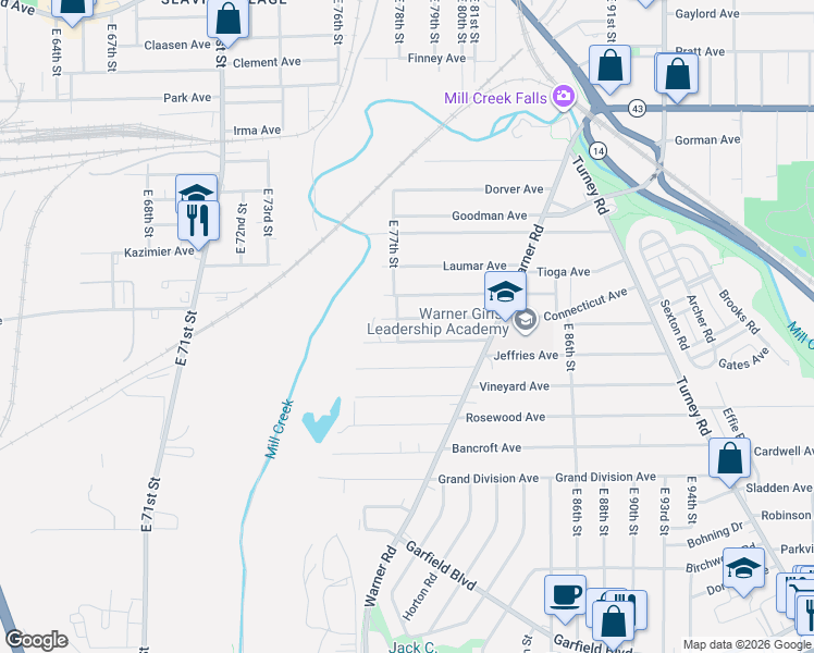 map of restaurants, bars, coffee shops, grocery stores, and more near 7709 Connecticut Avenue in Cleveland