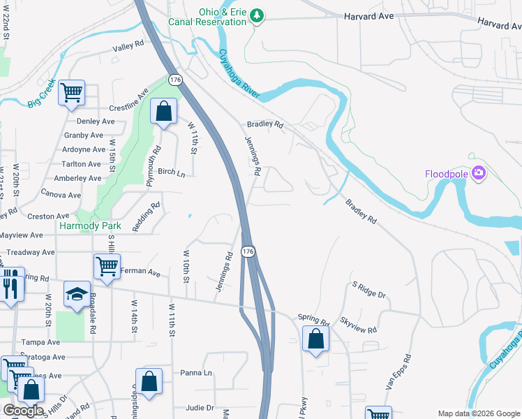 map of restaurants, bars, coffee shops, grocery stores, and more near 892 Gino Lane in Cleveland