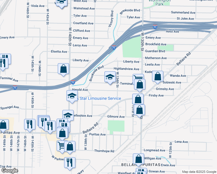 map of restaurants, bars, coffee shops, grocery stores, and more near 13501 Terminal Avenue in Cleveland