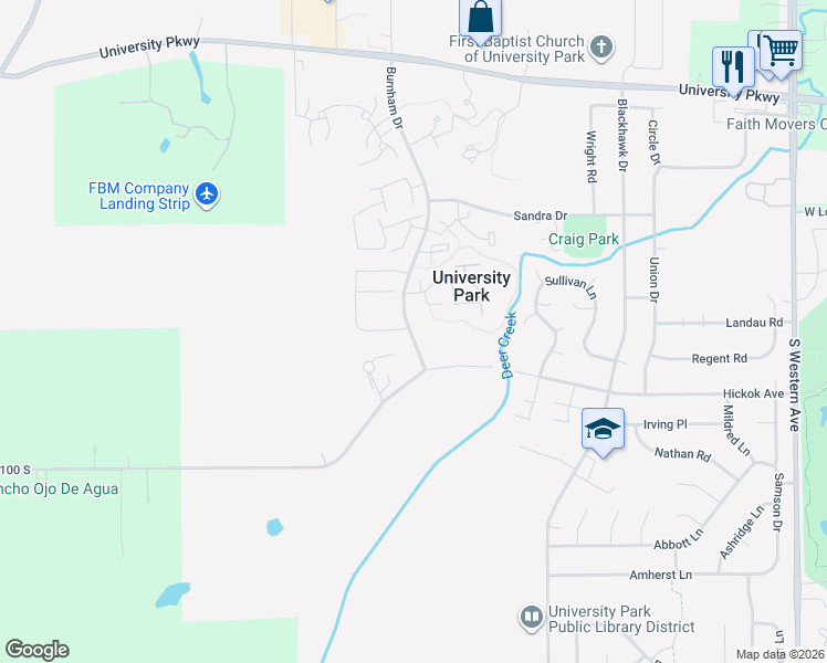 map of restaurants, bars, coffee shops, grocery stores, and more near 859 Burnham Drive in University Park