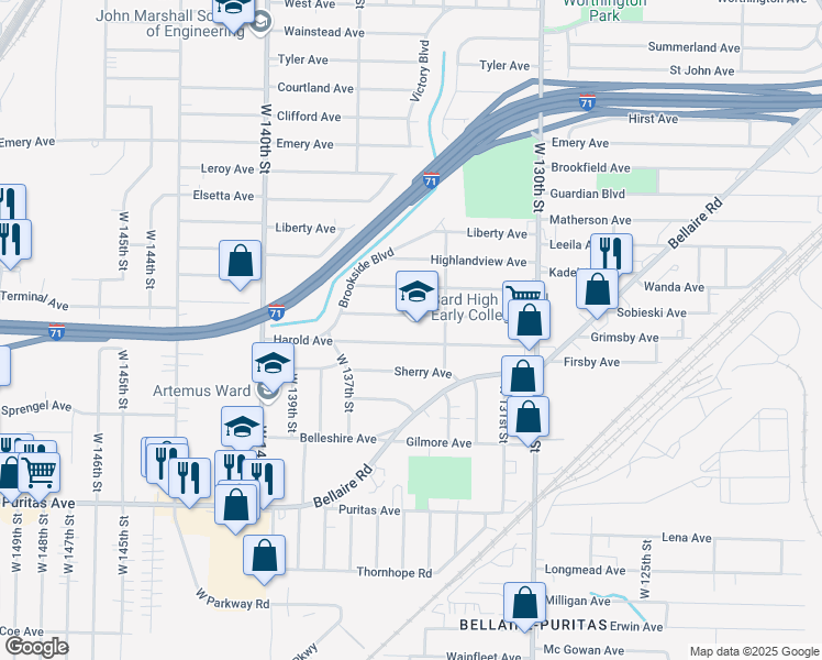 map of restaurants, bars, coffee shops, grocery stores, and more near 13501 Terminal Avenue in Cleveland