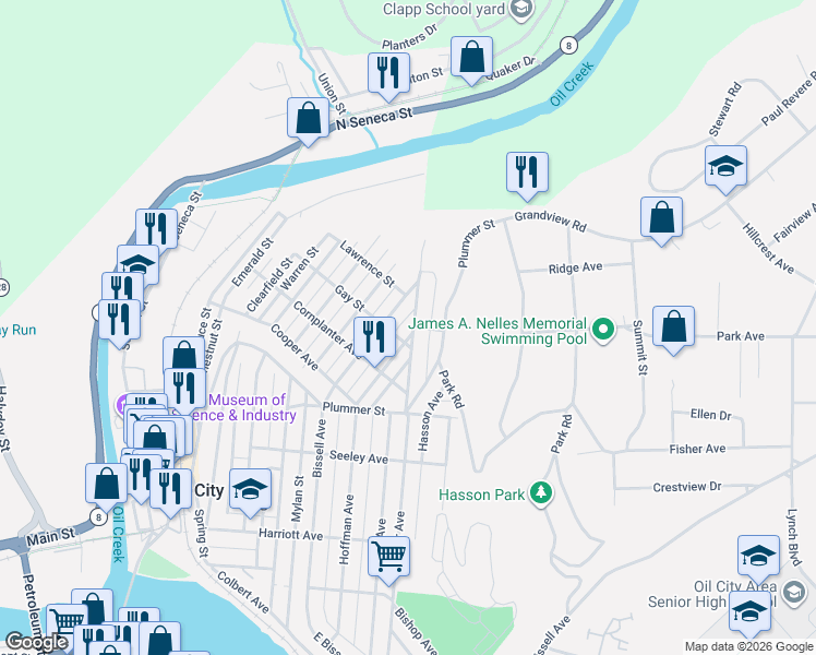 map of restaurants, bars, coffee shops, grocery stores, and more near 36 Manning Street in Oil City