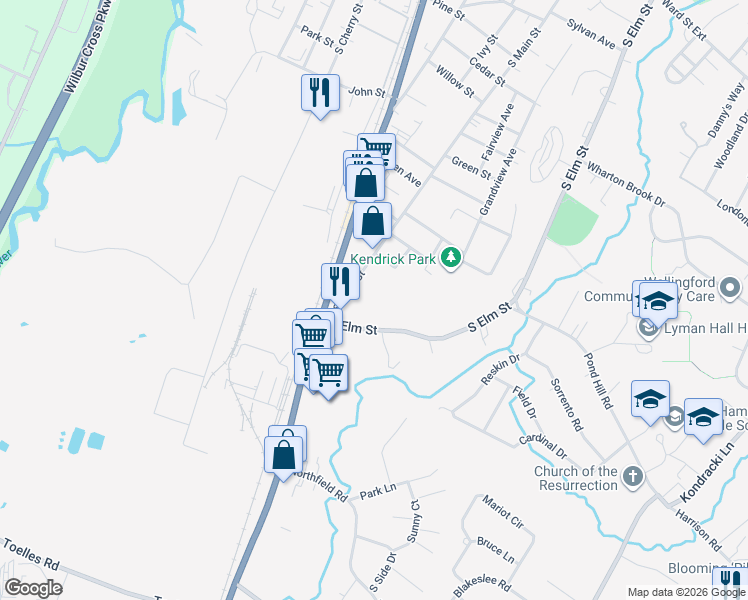 map of restaurants, bars, coffee shops, grocery stores, and more near 73 Terrace Gardens in Wallingford