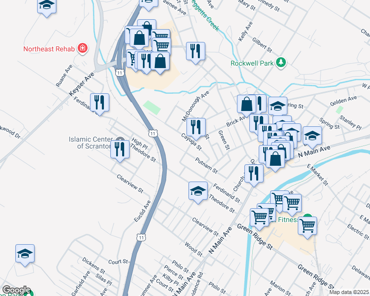 map of restaurants, bars, coffee shops, grocery stores, and more near 408 Putnam Street in Scranton