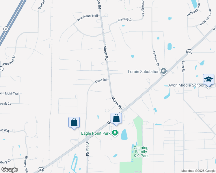 map of restaurants, bars, coffee shops, grocery stores, and more near 3380 Moon Rd in Avon