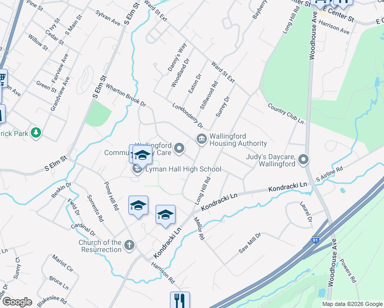 map of restaurants, bars, coffee shops, grocery stores, and more near 95 Wharton Brook Drive in Wallingford