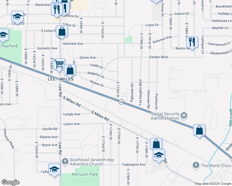 map of restaurants, bars, coffee shops, grocery stores, and more near 4397 East 175th Street in Cleveland
