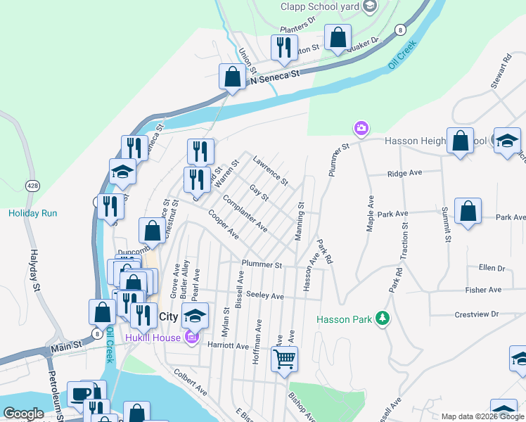 map of restaurants, bars, coffee shops, grocery stores, and more near 607 Gay St in Oil City