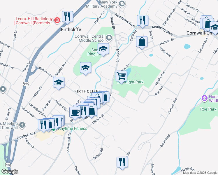 map of restaurants, bars, coffee shops, grocery stores, and more near 10 Center Street in Cornwall