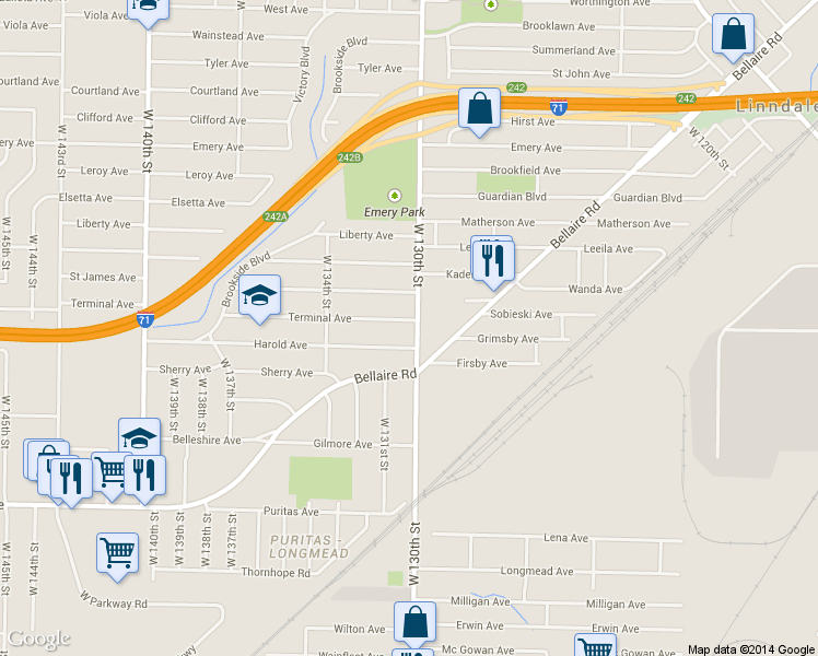 map of restaurants, bars, coffee shops, grocery stores, and more near 4256 W 130th St in Cleveland