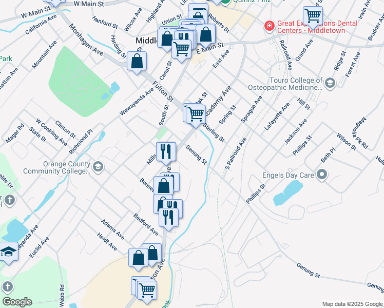 map of restaurants, bars, coffee shops, grocery stores, and more near 35 Genung Street in Middletown