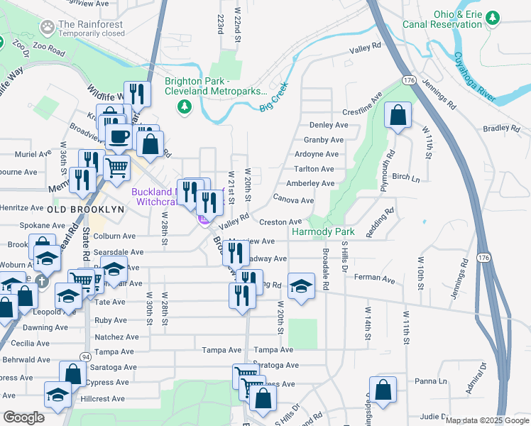 map of restaurants, bars, coffee shops, grocery stores, and more near 4223 Valley Road in Cleveland