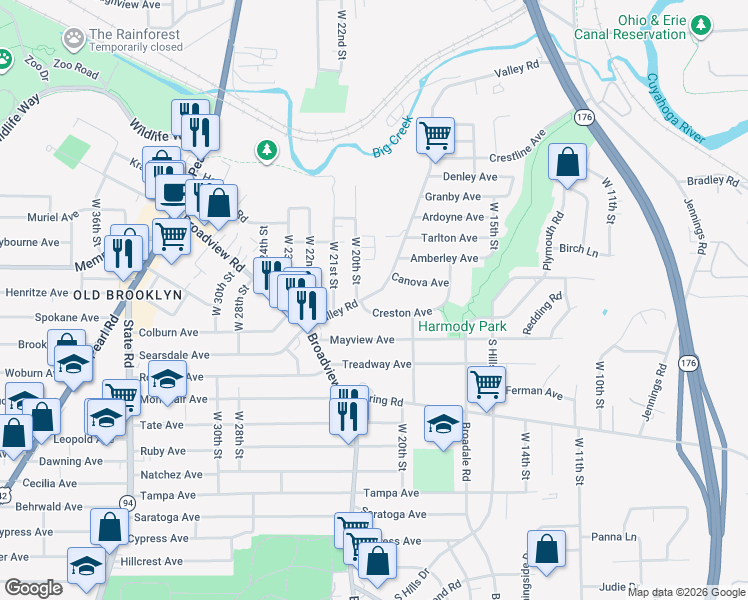 map of restaurants, bars, coffee shops, grocery stores, and more near 4223 Valley Road in Cleveland