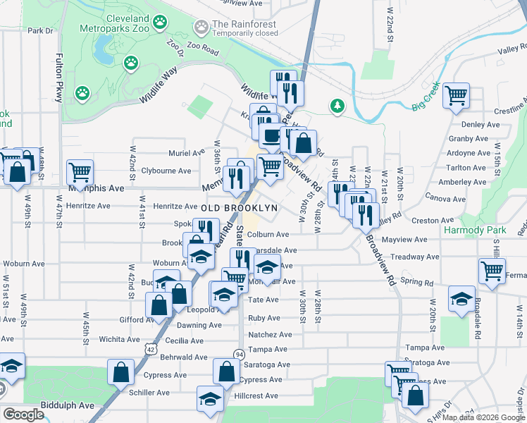 map of restaurants, bars, coffee shops, grocery stores, and more near 3333 Devonshire Road in Cleveland