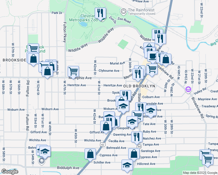 map of restaurants, bars, coffee shops, grocery stores, and more near 3824 Henritze Avenue in Cleveland