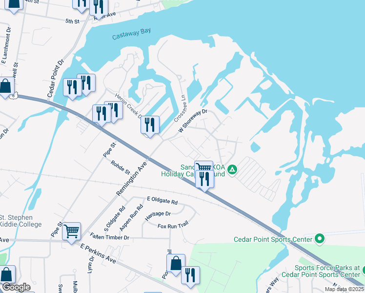 map of restaurants, bars, coffee shops, grocery stores, and more near 1612 West Sprucewood Drive in Sandusky