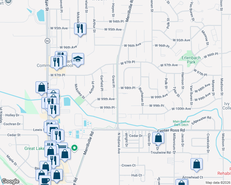 map of restaurants, bars, coffee shops, grocery stores, and more near 9865 Grant Place in Crown Point