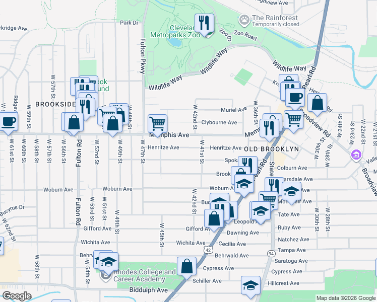 map of restaurants, bars, coffee shops, grocery stores, and more near 4207 Henritze Avenue in Cleveland