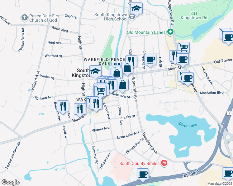 map of restaurants, bars, coffee shops, grocery stores, and more near 225 Robinson Street in South Kingstown