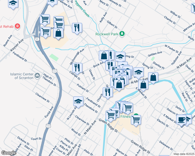 map of restaurants, bars, coffee shops, grocery stores, and more near 1759 Wayne Avenue in Scranton