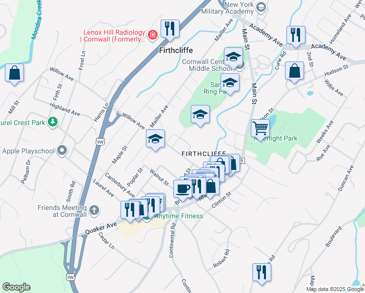 map of restaurants, bars, coffee shops, grocery stores, and more near 52 Willow Avenue in Cornwall