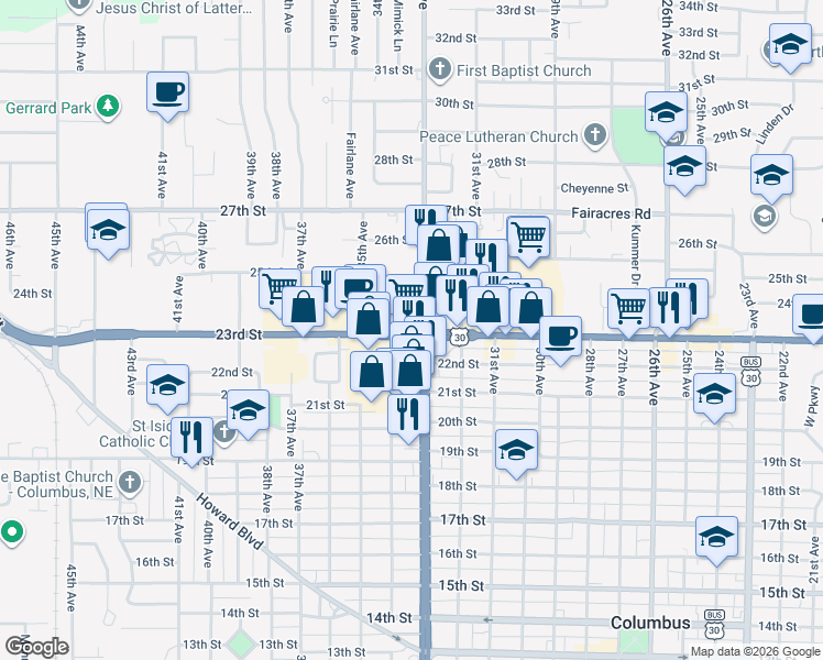 map of restaurants, bars, coffee shops, grocery stores, and more near 2472 33rd Avenue in Columbus
