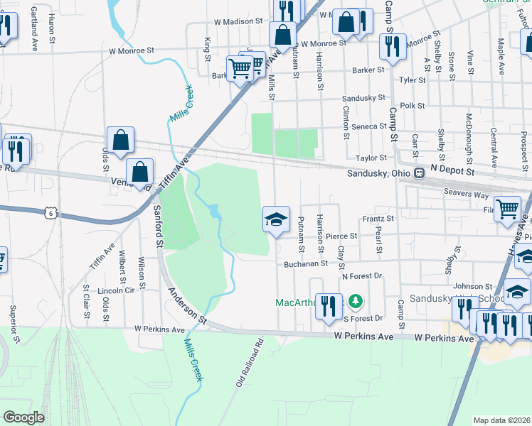 map of restaurants, bars, coffee shops, grocery stores, and more near 1805 Mills Street in Sandusky