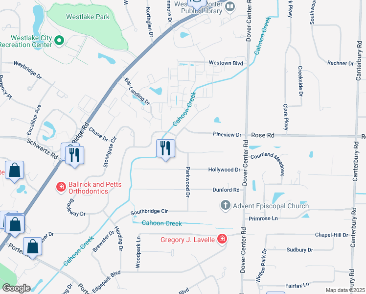 map of restaurants, bars, coffee shops, grocery stores, and more near 27546 Hemlock Drive in Westlake