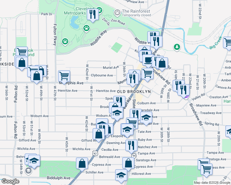 map of restaurants, bars, coffee shops, grocery stores, and more near 3715 Henritze Avenue in Cleveland