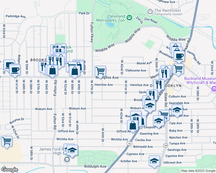 map of restaurants, bars, coffee shops, grocery stores, and more near 4403 Henritze Avenue in Cleveland
