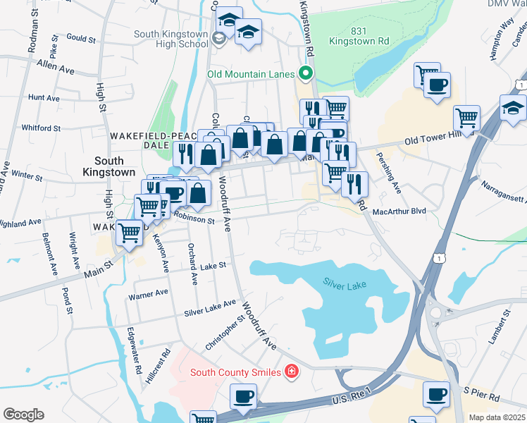 map of restaurants, bars, coffee shops, grocery stores, and more near 103 Robinson St in South Kingstown