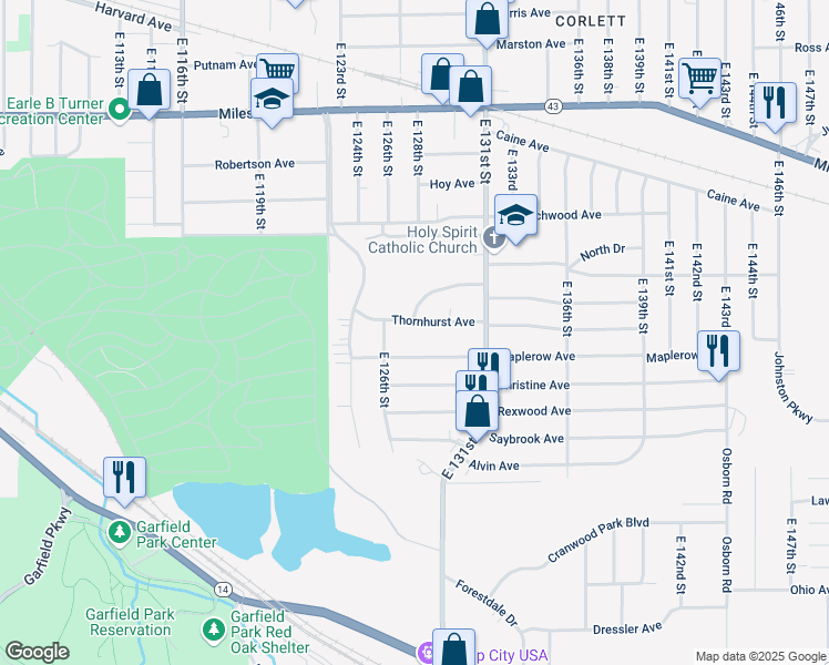 map of restaurants, bars, coffee shops, grocery stores, and more near 12708 Thornhurst Avenue in Garfield Heights