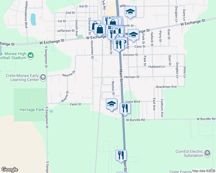map of restaurants, bars, coffee shops, grocery stores, and more near 528 Gordon Drive in Crete