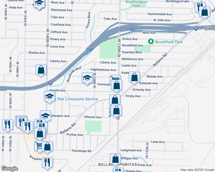 map of restaurants, bars, coffee shops, grocery stores, and more near 13113 Terminal Avenue in Cleveland
