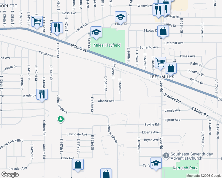 map of restaurants, bars, coffee shops, grocery stores, and more near 4421 East 156th Street in Cleveland