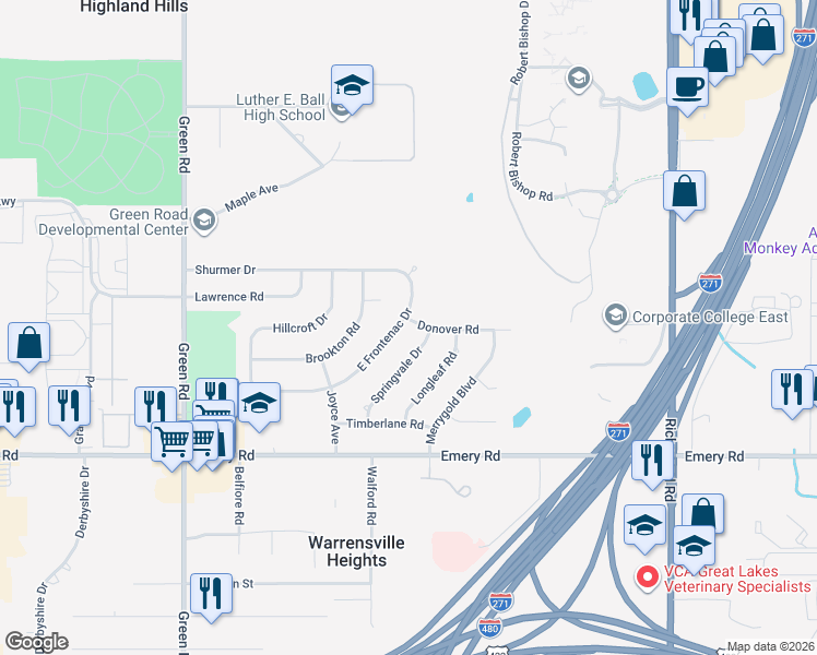 map of restaurants, bars, coffee shops, grocery stores, and more near 4455 East Frontenac Drive in Warrensville Heights