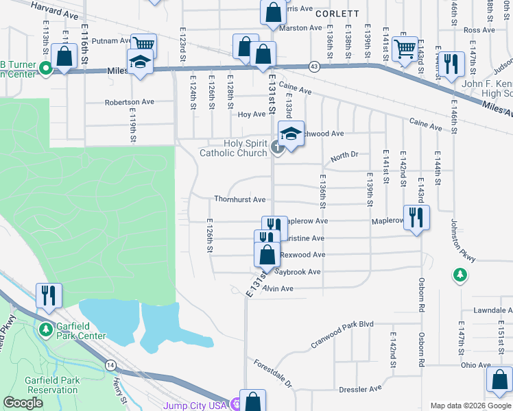 map of restaurants, bars, coffee shops, grocery stores, and more near 12906 Thornhurst Avenue in Garfield Heights